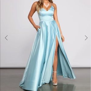 Cobalt Blue Satin Formal High Slit Dress with pockets